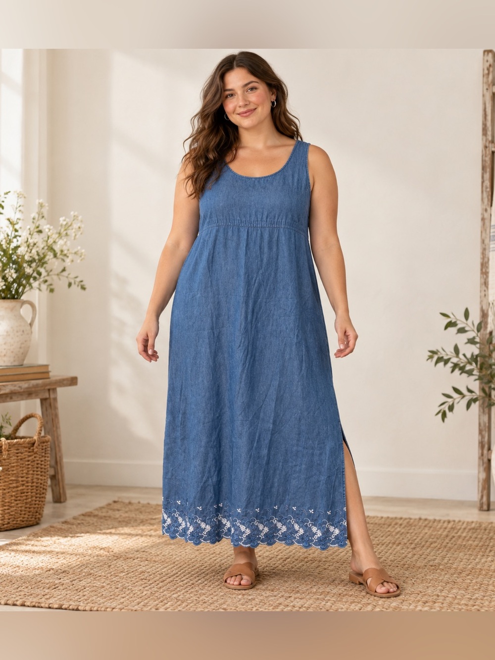 Vintage Robbie Bee Chambray Denim Maxi Dress Size 12 Embroidered Cottagecore